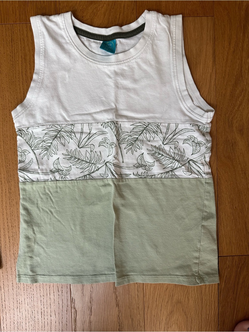 Kids White & Light Green Sleeveless Tank Top with Leaf Print Panel